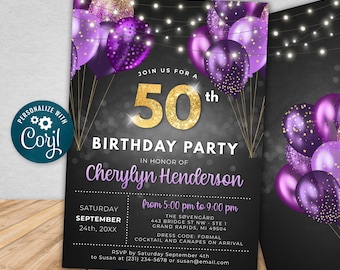 Chalk Watercolour Purple Gold 50th Personalised Birthday Party Invitations