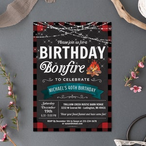 May include: A red and black plaid invitation for a 40th birthday bonfire party. The invitation features a chalkboard background with the text "Birthday Bonfire" and "To Celebrate Michael's 40th Birthday". The invitation also includes the date, time, and location of the party.