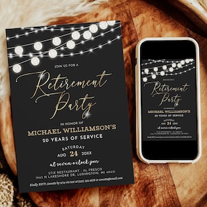 Retirement Party Invitation - Elegant Black White Gold Sparkle Work Retire - Editable Retirement Invite - Digital Instant Download - RP9