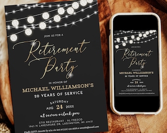 Retirement Party Invitation - Elegant Black White Gold Sparkle Work Retire - Editable Retirement Invite - Digital Instant Download - RP9