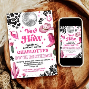 Editable Adult Space Cowgirl Birthday Invitation - Pink Disco Cowgirl Invite - Nashville Rodeo Party - Editable Instant Download 0600