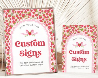 Strawberry Custom Sign Template - Pink Bow Berry Sweet Strawberry Table Sign - Strawberry Party Decor - 2110