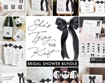 Editable She&#39;s Tying the Knot Bridal Shower Invitation + Games Bundle - Modern Minimalist Black Ribbon Wedding Shower - 5011BDS
