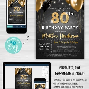 80th Birthday Invitation EIGHTY Party Black Gold Glitter Sparkle ...