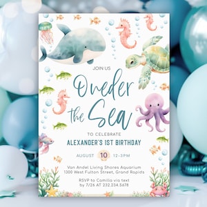Oneder the Sea Birthday Invitation - Boy 1st Birthday - Ocean Sea Birthday Party - Sea Animals - Editable Digital and Printable - 1619BP