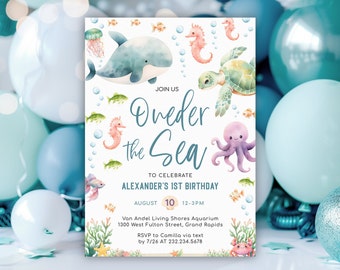 Oneder the Sea Birthday Invitation - Boy 1st Birthday - Ocean Sea Birthday Party - Sea Animals - Editable Digital and Printable - 1619BP