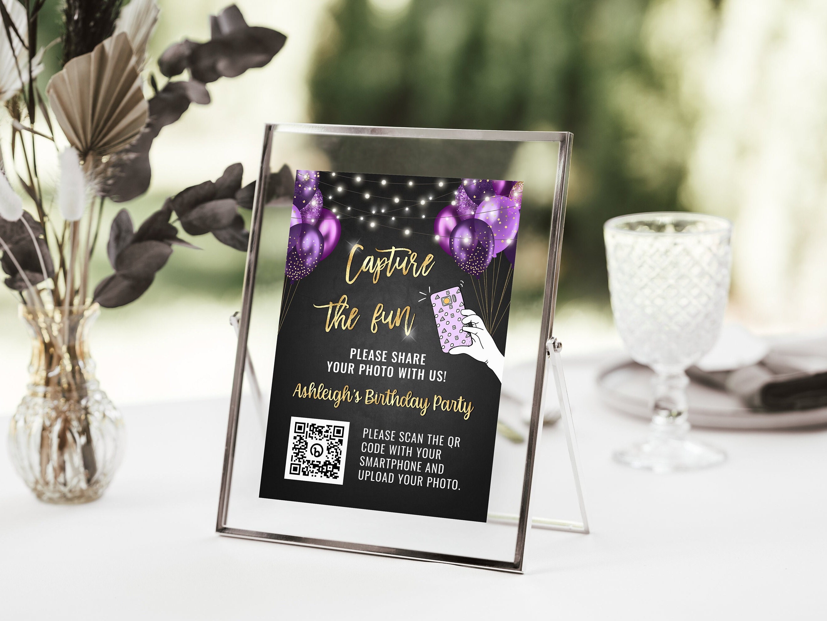 Purple and Gold Birthday QR Code Sign Template - Capture the Fun ...