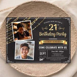 21st Birthday invitation with Photo - Adult 21st Birthday Photo Invite - Black + Gold Editable Digital Download - 5x7 + 4x6 - B57 B57B