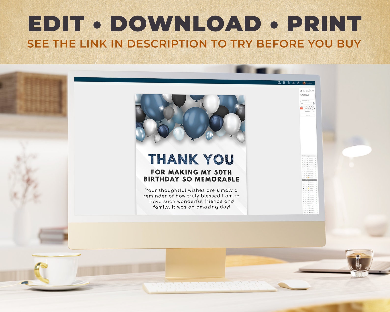 Birthday Thank You Card Editable Template Blue & White With Balloons ...