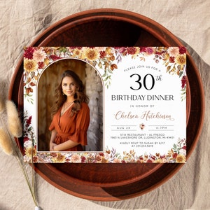 Elegant 30th Birthday Photo Invitation - Feminine Autumn Fall Floral Birthday Invitation - Modern Minimalist - Digital Download - 1500 2