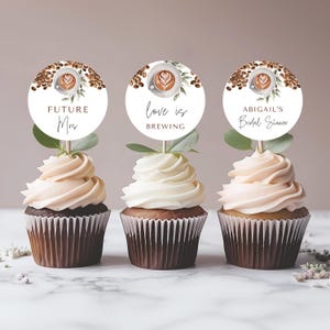 Coffee Bridal Shower Cupcake Topper Template - Love is Brewing Bridal Shower Favors - Editable Digital Download 5010BDS