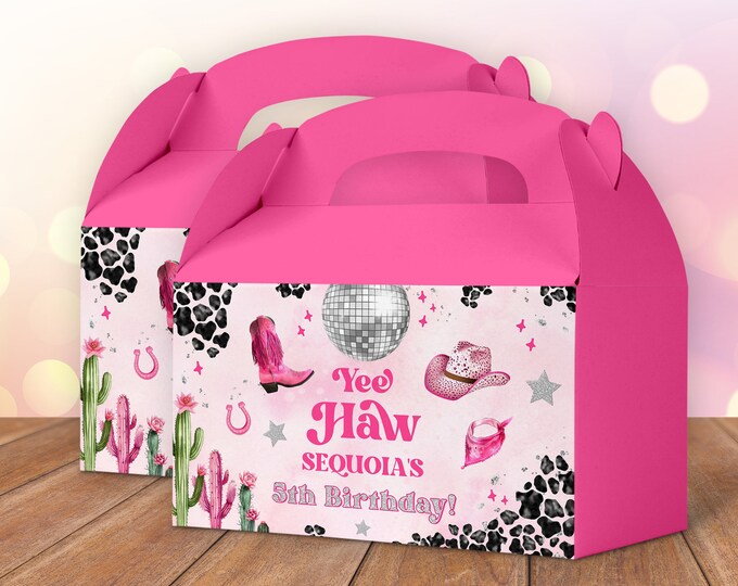 Pink Rodeo Theme Gable Box Editable Space Cowgirl Birthday Party Gable Box Favor Label Disco ...