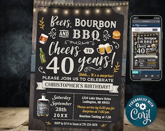 Any Age Beers, Bourbon and BBQ, Barbecue Birthday Party Invitation Chalkboard & Wood Digital INSTANT Download 5x7 Editable CBBP