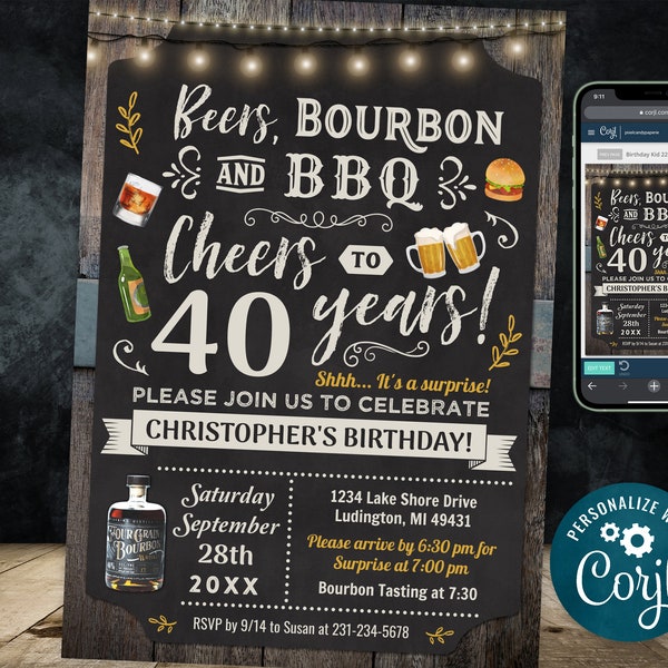 Any Age Beers, Bourbon and BBQ, Barbecue Birthday Party Invitation Chalkboard & Wood Digital INSTANT Download 5x7 Editable CBBP