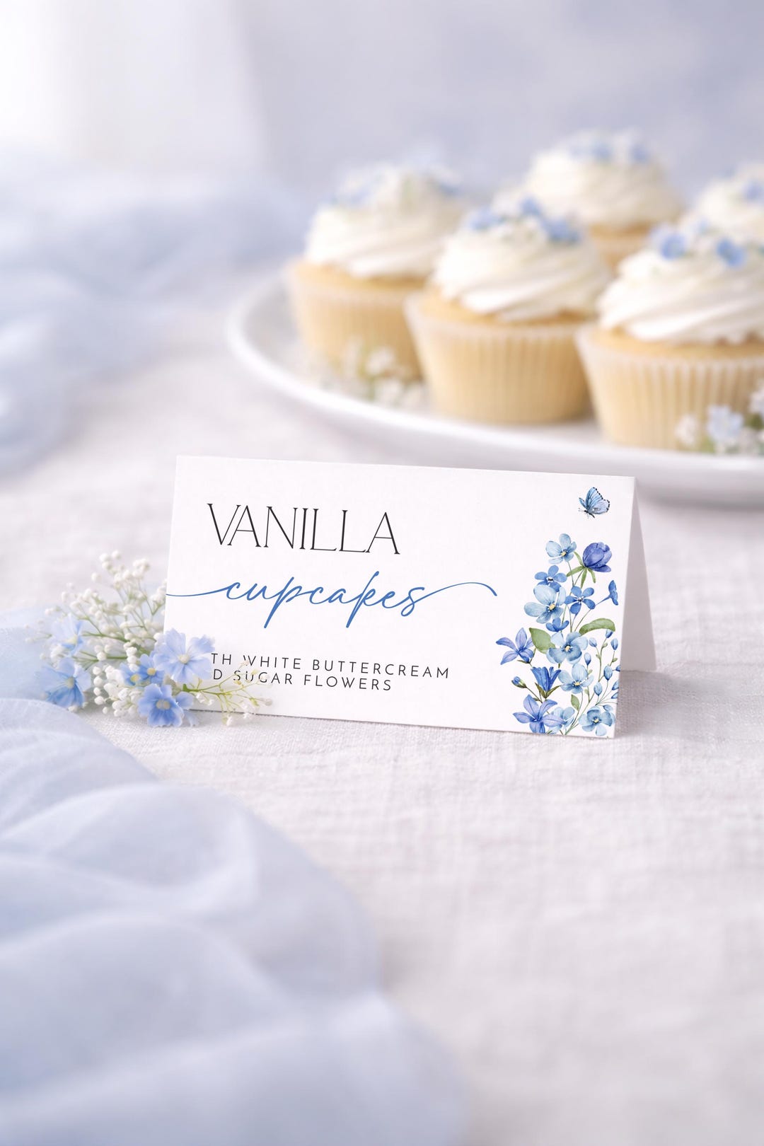 Blue Floral Food Label Tent Card Template - Baby in Bloom - Editable ...