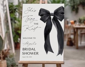 Editable She&#39;s Tying the Knot Bridal Shower Welcome Sign - Modern Black Ribbon Wedding Shower Decor - Digital Download 5011BDS
