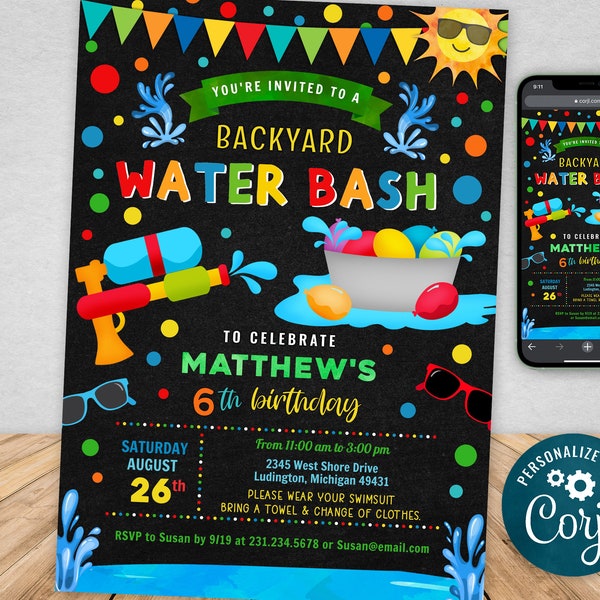 Water Gun Birthday Invitation Boy Birthday Digital + Printable Evite +Thank You - Editable Instant Download Waterslide WSBPB