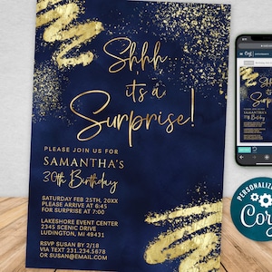 Plantilla de invitación sorpresa de cumpleaños para adultos en azul marino y dorado, descarga digital instantánea, editable, para hombres y mujeres, BPG BP140