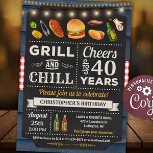40th - BBQ & Grill and Chill Barbecue Party Birthday Invitation - 40th Birthday Invitation for Men Digital INSTANT Download 5x7 Editable