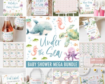 May include: An Under the Sea baby shower mega bundle featuring watercolor illustrations of a whale, sea turtle, octopus, and seahorses. The collection includes invitations, signage, game cards, bottle labels, cupcake toppers, and candy bar wrappers.