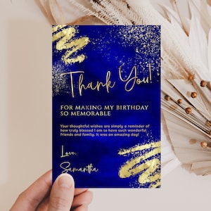 Modelo de cartão de agradecimento azul royal e dourado - Obrigado editável - Aniversário para mulheres e homens - Download digital editável BPG BP147