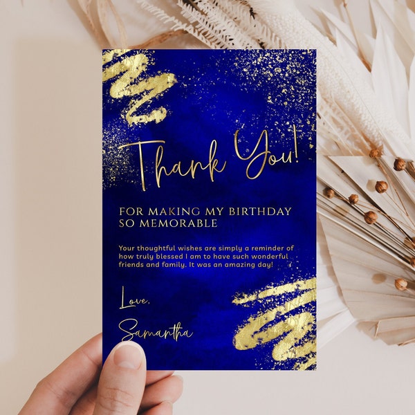 Royal Blue and Gold Thank You Card Template - Editable Thank You - Ladies Mens Birthday - Digital Download Editable BPG BP147