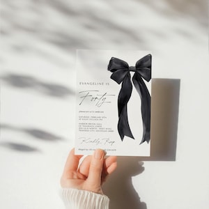 Black Bow Birthday Invitation Template - 40th Birthday Party - Minimalist Black Bow Invite - Editable Digital Download 5011