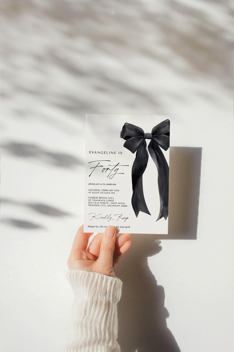 Black Bow Birthday Invitation Template - 40th Birthday Party - Minimalist Black Bow Invite - Editable Digital Download 5011