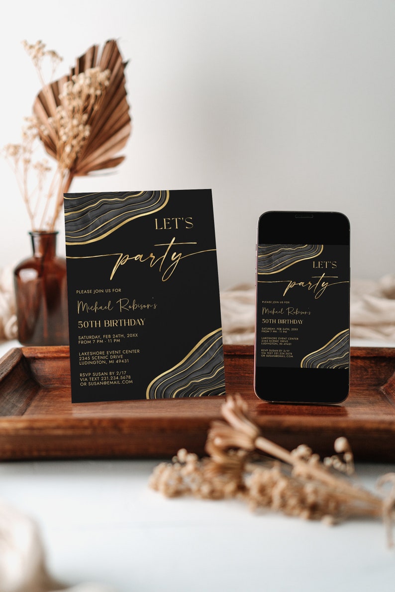 Editable Black and Gold Birthday Party Invitation Template - Let's ...