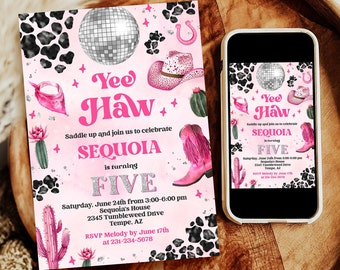 Editable Space Cowgirl Birthday Invitation - Pink Disco Cowgirl Party Invite - Nashville Party - Instant Download Editable 0600 - PBG