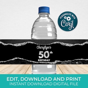 Black & Silver Water Bottle Label Template, Water Wrappers, Birthday Party Favors Editable, Digital Download AGT APBB