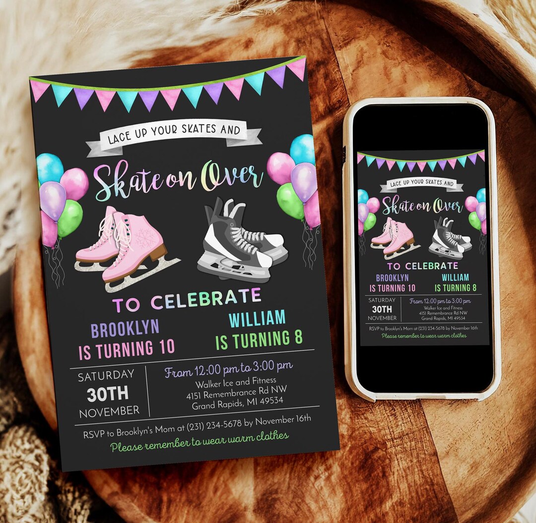 Joint Ice Skating Birthday Invitation - Girl and Boy - Dual Double Ice ...
