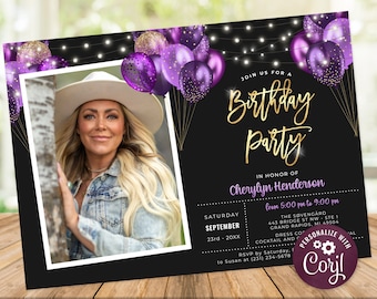 Birthday Photo Invitation Party Black Gold Purple Glitter Sparkle Balloons Digital Instant Download Printable Editable BPB BGPG