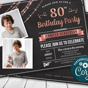 80th Birthday Photo Invitation EIGHTY Invite Party Photo Invite Rose ...