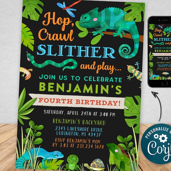 Digital and Printable Reptile Birthday Party Invitation, Printable and  Evite Electronic Invite, Editable Personalized RBP