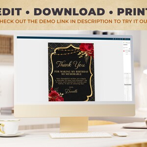 Editable Thank You Card + Tag Template - Black and Gold with Red Roses - Instant Download BPR BP110