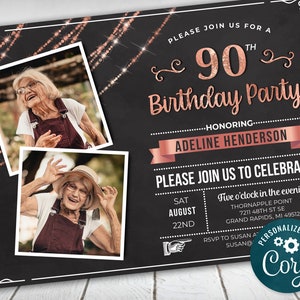 90th Birthday Photo Invitation NINETY Invite Party Photo Invite - Rose Gold Digital Instant Download 5x7 & 4x6 - Editable - adult womens