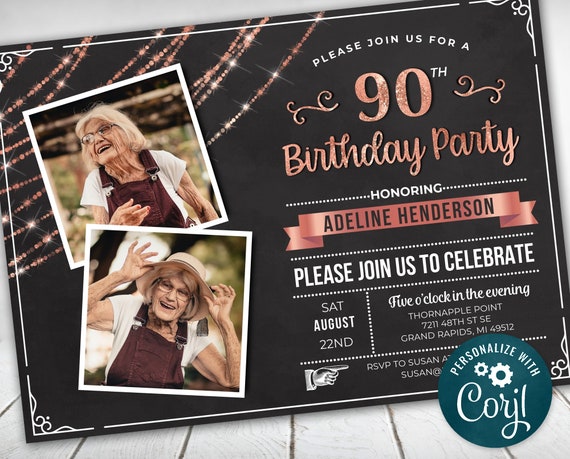 90th Birthday Photo Invitation NINETY Invite Party Photo | Etsy