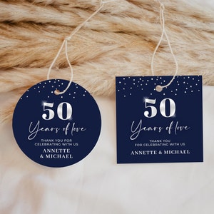 50th Wedding Anniversary Favor Tag - Navy Blue and Silver Favor Tag Template - Thank You Gift Tag - Instant Digital Download Editable RT1517