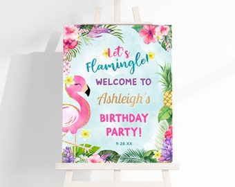 May include: A pink flamingo with gold glitter accents stands on a blue background with tropical flowers and leaves. The text reads "Let's Flamingle! Welcome to Ashleigh's Birthday Party! 9-28-XX".