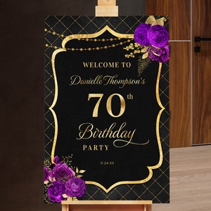 Verjaardag welkomstbord verjaardag welkomstposter zwart met paarse rozen en gouden glitter Digitale Instant Digitale Download BPR BP113