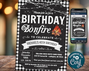 Rustic Backyard Bonfire Birthday Invitation, Outdoor Bonfire Party - Black and White Flannel -  Digital INSTANT download Editable FBF