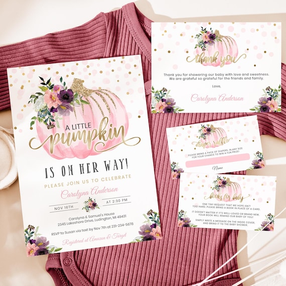 Editable Little Pumpkin Baby Shower Invitation - Pink & Gold Floral - Fall Baby Shower Invites - Autumn Fall - Digital Download BBS16