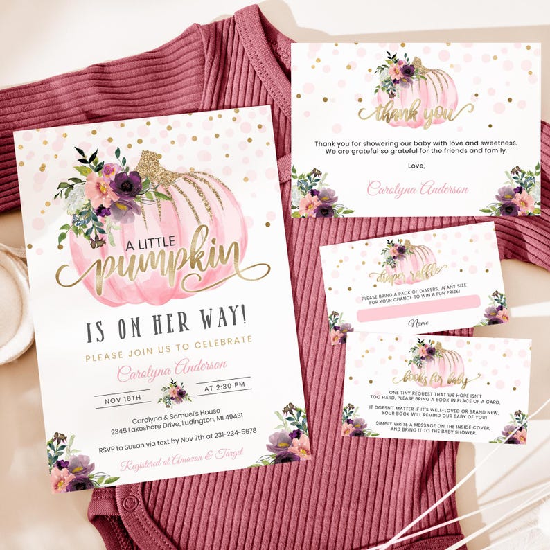 Editable Little Pumpkin Baby Shower Invitation - Pink & Gold Floral - Fall Baby Shower Invites - Autumn Fall - Digital Download BBS16