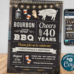 May include: A black and white chalkboard style invitation for a 40th birthday party. The invitation features the text "Bourbon and BBQ Cheers to 40 Years" with a graphic of a pig cut up for BBQ. The invitation is for Christopher's birthday on August 27th at 5:00 PM. The location is Stearns Park - Boat Launch Area, 420 N Lakeshore Dr, Ludington, MI. The invitation also includes the text "Bring your favorite beverage" and "RSVP to Susan by 6/20 at 231-234-5678 or susan@email.com".