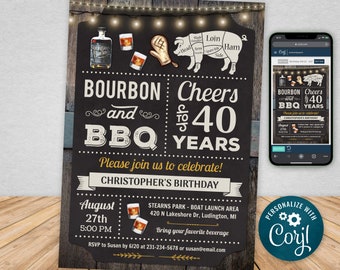 Any Age, Bourbon and BBQ Invite, Bourbon Barbecue Birthday Party Invitation Chalkboard & Wood Digital INSTANT Download 5x7 Editable CBBP