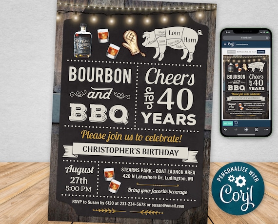 Any Age, Bourbon and BBQ Invite, Bourbon Barbecue Birthday Party Invitation Chalkboard & Wood Digital INSTANT Download 5x7 Editable CBBP