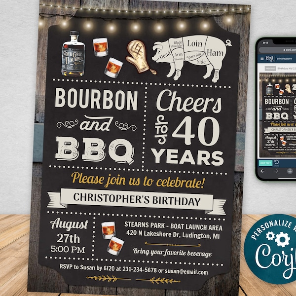 Any Age, Bourbon and BBQ Invite, Bourbon Barbecue Birthday Party Invitation Chalkboard & Wood Digital INSTANT Download 5x7 Editable CBBP