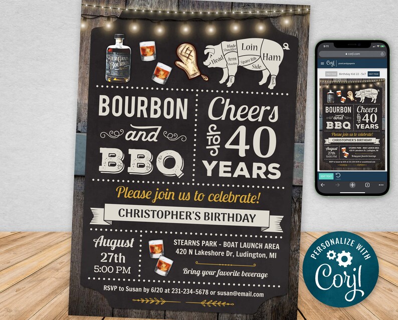 May include: A black and white chalkboard style invitation for a 40th birthday party. The invitation features the text "Bourbon and BBQ Cheers to 40 Years" with a graphic of a pig cut up for BBQ. The invitation is for Christopher's birthday on August 27th at 5:00 PM. The location is Stearns Park - Boat Launch Area, 420 N Lakeshore Dr, Ludington, MI. The invitation also includes the text "Bring your favorite beverage" and "RSVP to Susan by 6/20 at 231-234-5678 or susan@email.com".