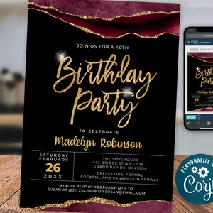 Any Age Birthday Invitation Template - Burgundy Red Gold Glitter, Adult Birthday Invite Digital Instant Download Editable, AGT APBRLG